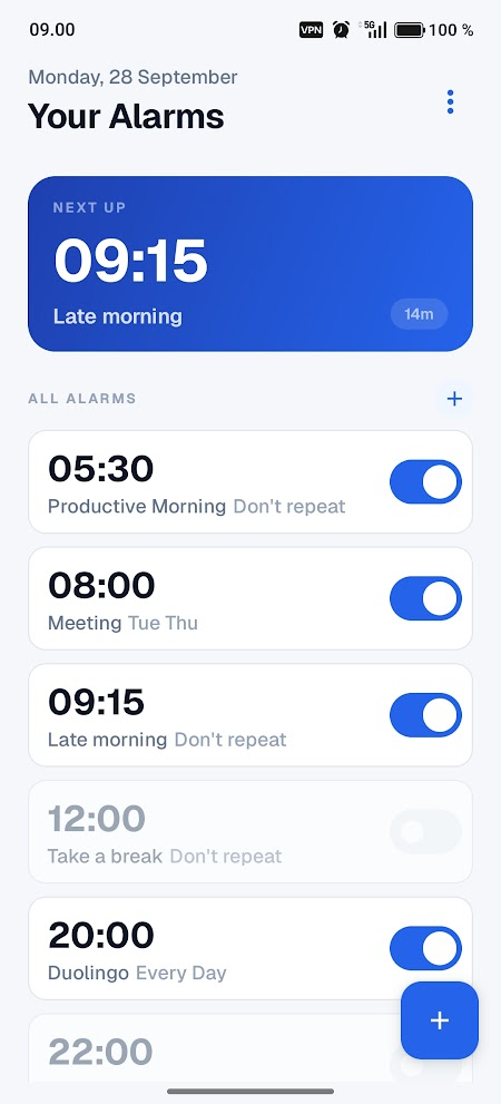 Waker home screen with a list of alarms
